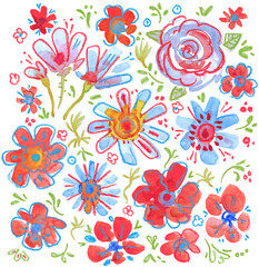 Watercolor decorative flowers. Seamless pattern. Greeting card with flowers. Hand-drawn flowers with paints. Freehand drawing with watercolor and crayon. Isolated on a white background