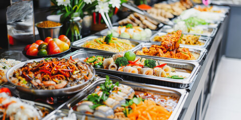 Obraz premium An extensive buffet line featuring diverse dishes in a restaurant setting