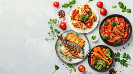 diverse healthy dishes with vegetables, fish, and herbs, on a textured background, with copy space for text