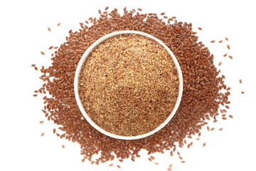 A bowl of Organic Flaxseed (Linum usitatissimum) Flour, placed over a heap of Flaxseed. Isolated on a white background.