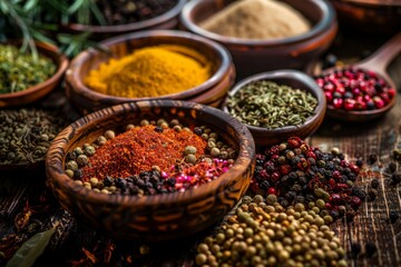 Colorful spices for cooking, top view