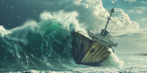 Gigantic tsunami wave engulfs ship during stormy weather