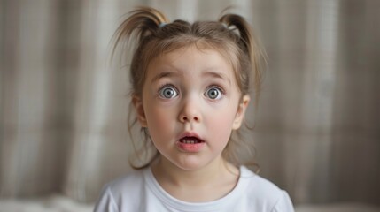 Cute, Surprised Little Girl In A White Shirt With Pigtails, Her Eyes Wide With Wonder