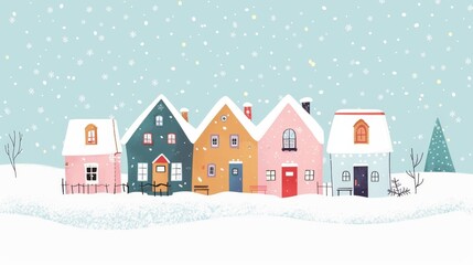winter village scene, winter scene quaint pastel houses under a blanket of snow in a charming and minimalist doodle art style