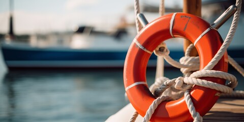 A vivid orange lifebuoy tied with a rope on a wooden dock against a soft focus background of boats in the harbor