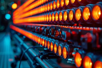 Modern industrial machinery with glowing lights, showcasing the precision and advanced technology used in high-tech manufacturing processes, Generative AI