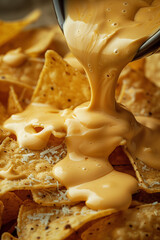 Delicious tasty crispy Mexican nacho chips covered in cheddar cheese dipping sauce, unhealthy food background concept.