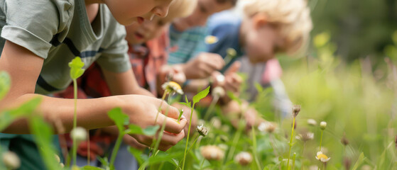 Children participating in a math scavenger hunt outdoors, interactive learning, math education