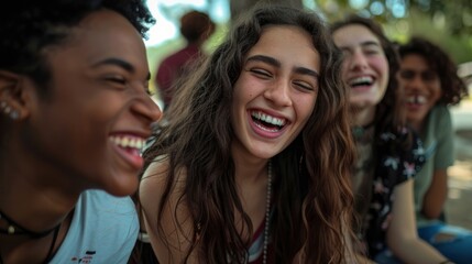 Fototapeta premium Friends Enjoy A Fun Time In The Park, Their Laughter Echoing Around