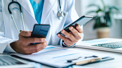  A doctor in a clinical setting simultaneously engages with a smartphone and medical records, showcasing the blend of traditional healthcare and modern digital tools.