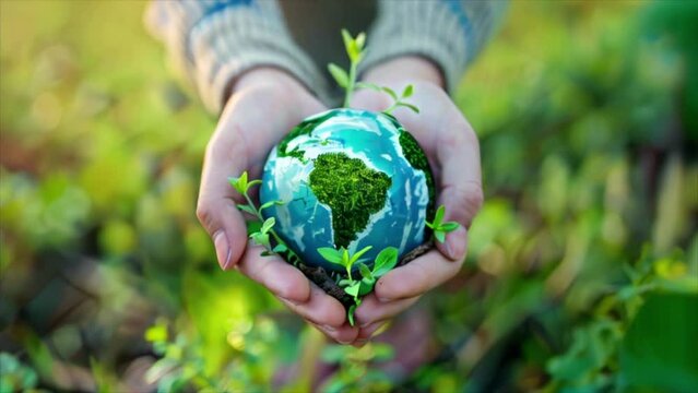 Woman's hands holding planet earth globe with green sprouts around. Environmental ecology issues, save the world concept