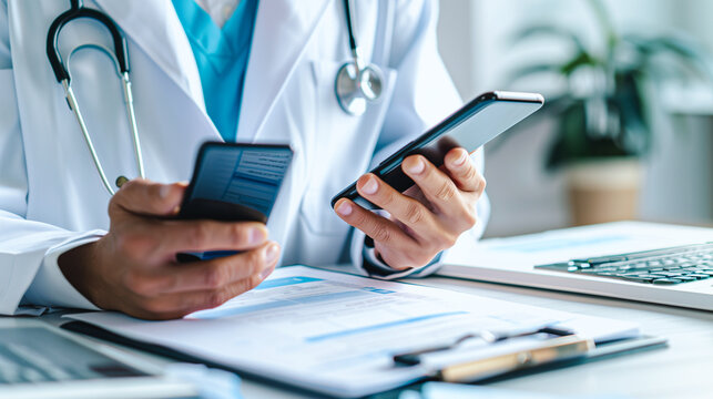  A doctor in a clinical setting simultaneously engages with a smartphone and medical records, showcasing the blend of traditional healthcare and modern digital tools.