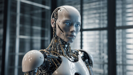 Futuristic AI android robot analyzing data in a high-tech virtual environment