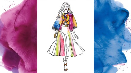 Fototapeta premium Colorful Watercolor Fashion Girl Line Art