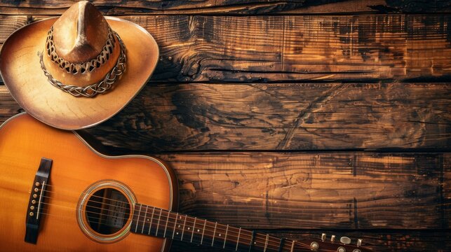 Acoustic guitar and cowboy hat on wooden background