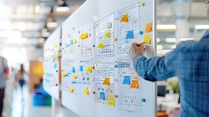 A person working on a whiteboard filled with diagrams and sticky notes in a modern, brightly lit office setting.