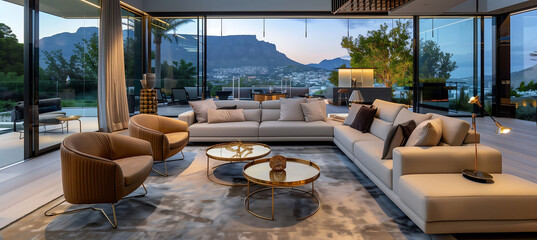 Fototapeta premium Beautiful view of Cape Town's twilight ocean view on modern luxury home showcase patio with open balcony, interior design with modern furniture, glass walls, sofas & gold coffee table.