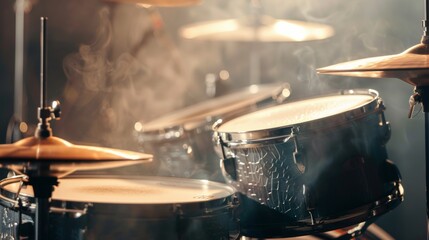 Obraz premium Close-up of a drum set with smoke and light