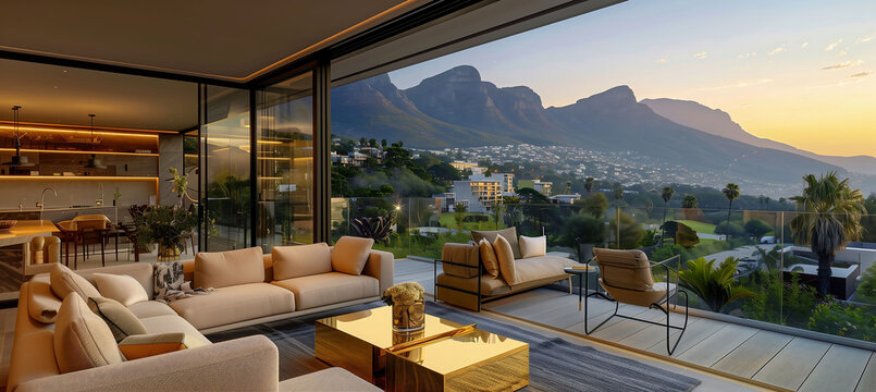 Beautiful view of Cape Town's twilight ocean view on modern luxury home showcase patio with open balcony, interior design with modern furniture, glass walls, sofas & gold coffee table.