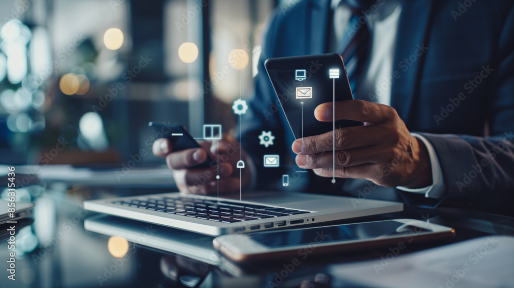 Poster a business professional expertly manages multiple digital platforms simultaneously, using a smartpho