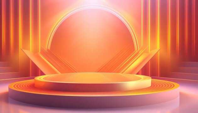 Illuminated round podium with orange stage for product placement and advertising against glowing lines backdrop