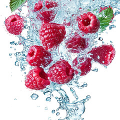 Raspberries Splashing in Clear Water Isolated on Transparent Background. Perfect for Fresh Organic Food Concepts,, healthy living, and natural products.