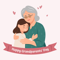 Granny and granddaughter are hugging each other. Family relationship.Grandparents Day. Vector Illustration