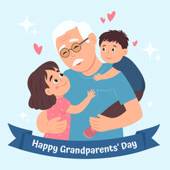 Grandparents' Day card with cute  illustrations of grandpa with grandchildren. Vector Illustration