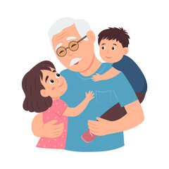 Happy Grandpa with grandchildren. Old man  with grandson and granddaughter. Vector Illustration
