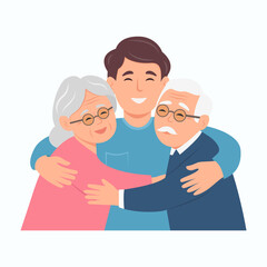 Obraz premium Adult man embracing mature parents or grandparents Family relationship. Grandparents day. vector illustrationrents. Friendly family relationship. vector illustration