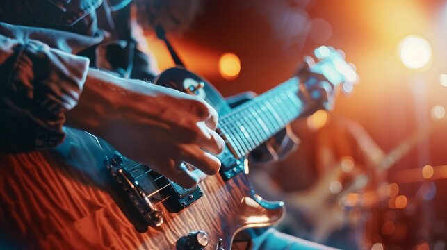 A close-up of a musicians hand playing a guitar on stage