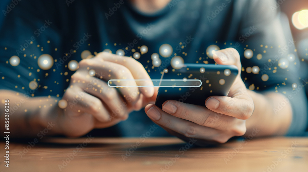 Aufkleber a person engages with a smartphone, surrounded by a mesmerizing display of digital particles, illust