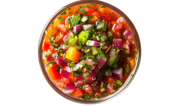 Fresh Colorful Vegetable Salsa in Glass Bowl Ideal for Summer Dishes and Healthy Recipes