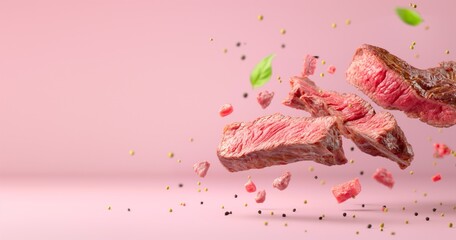 steak slices seasoned with herbs in mid-air