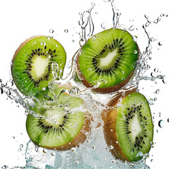 Fresh Sliced Kiwi Fruits Splashing in Water with transparent Background. Perfect for creating refreshing beverage advertisements, healthy food blog posts, or vibrant graphic designs.