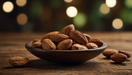almonds on wood table with light in corner of the image.
