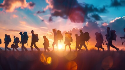 Fototapeta premium Immigrants silhouetted against a golden sunset on a mountain.