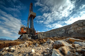 Large industrial drilling rig in a quarry with rocky terrain and a cloudy blue sky Represents resource extraction
