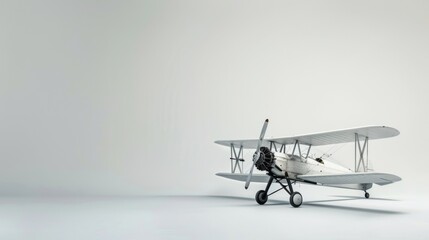 A white biplane sits on a white backdrop