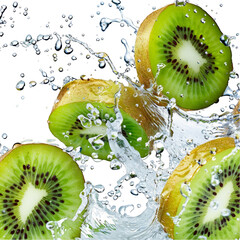 Fresh Sliced Kiwi Fruits Splashing in Water with transparent Background. Perfect for creating refreshing beverage advertisements, healthy food blog posts, or vibrant graphic designs.