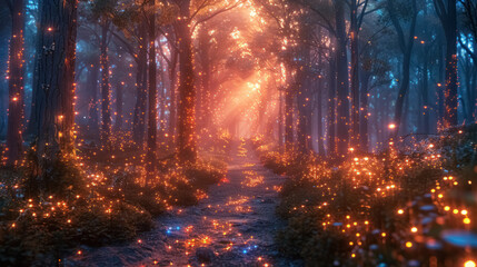 mystical forest scene illuminated by magical glowing lights and mist
