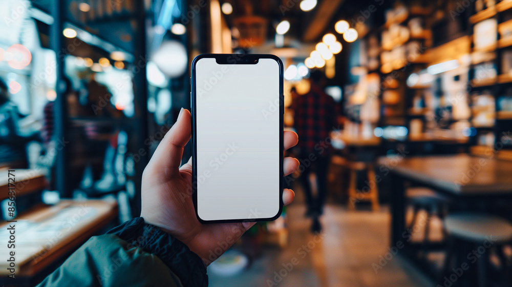 Poster a person's hand holds up a smartphone with a blank screen in a bustling café, highlighting the omnip
