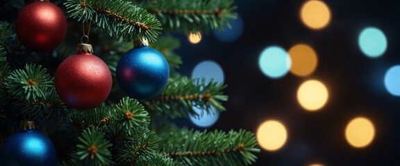 Christmas Tree With Baubles In Blue Night - Ornaments On Fir Branches With Glittering And Defocused Lights In Abstract Background.