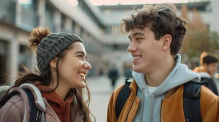 Fototapeta premium Happy University Student Friends Talk And Share Good Times Together On Campus, Their Faces Glowing With Joy