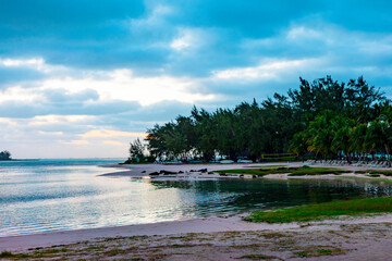 A stunningly picturesque beach on a cloudy day in Mauritius