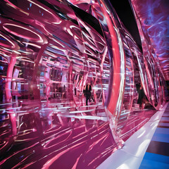 Fototapeta premium Futuristic Neon Tunnel with Reflective Pink Glass and Walking Person