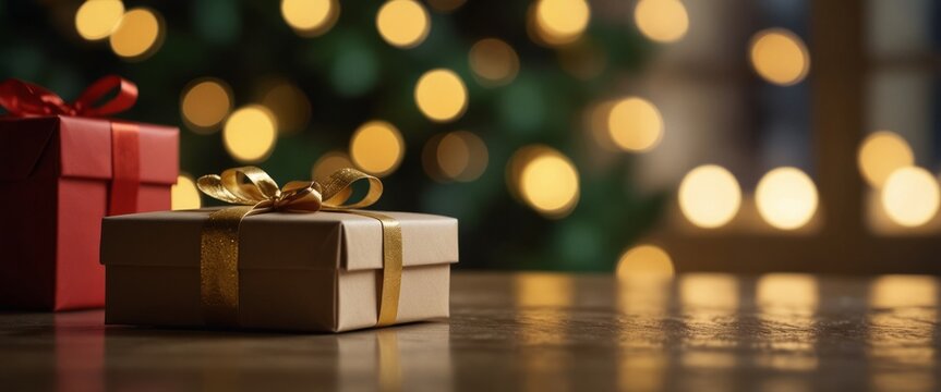 gift box on table with blur Christmas tree and golden festive bokeh light background for special holiday.