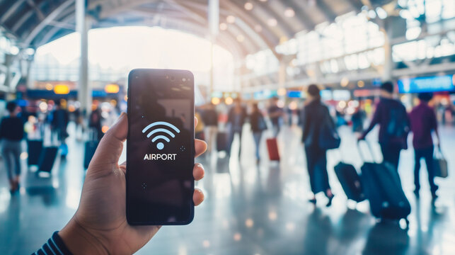 A traveler's hand holds a smartphone displaying a WiFi symbol, capturing the essence of connectivity in the bustling environment of an airport terminal.