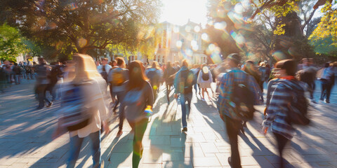 Obraz premium Students walking through a college campus on a sunny day