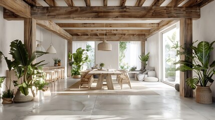 Obraz premium Spacious living room with dining table in a bright refurbish Mediterranean luxury vacation farmhouse - Generative AI